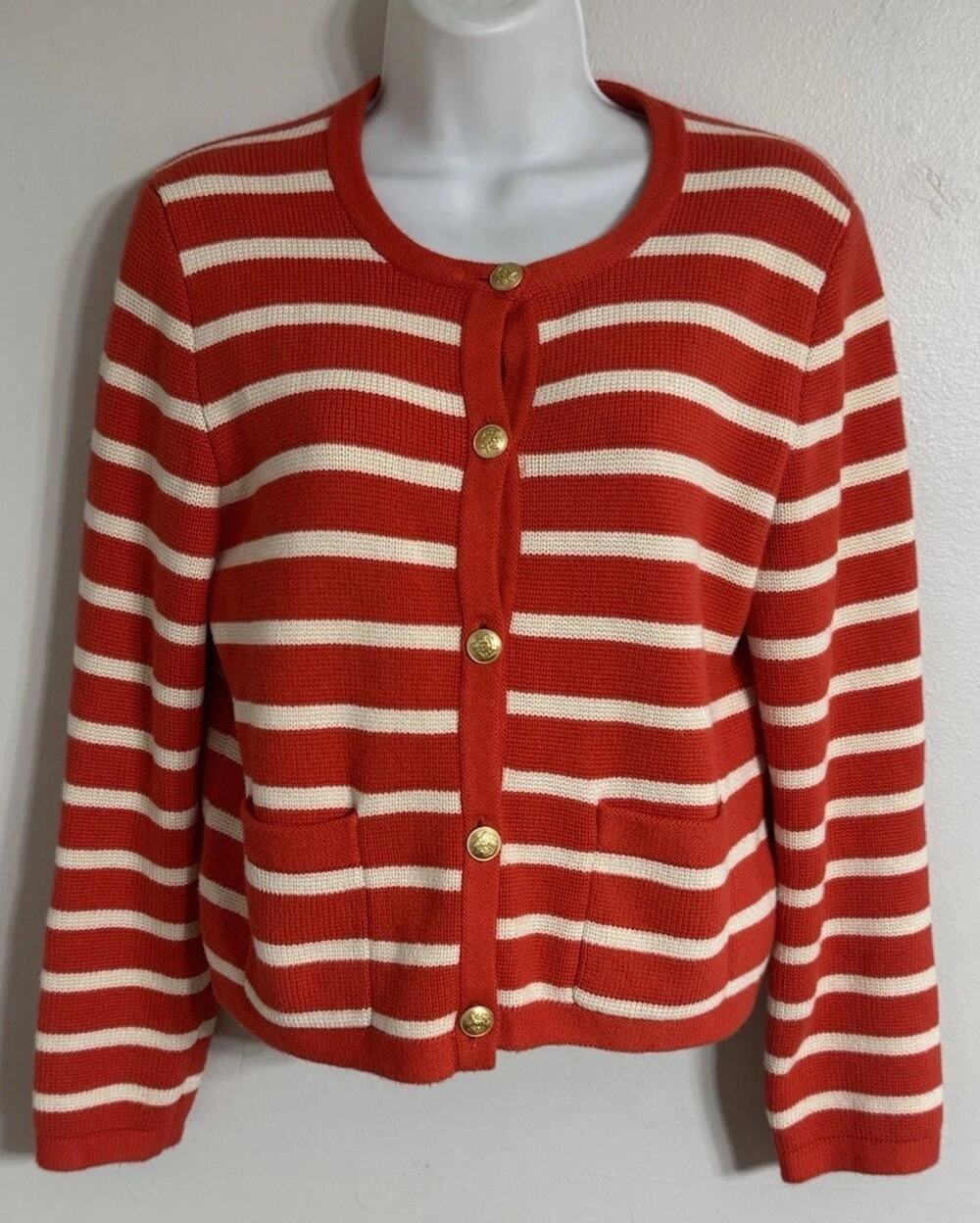 J Crew Emilie Sweater Jacket Women’s Small Red White Stripe Cardigan Buttons